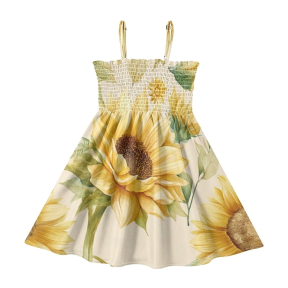 TTYFWHD Toddler Girls Spaghetti Strap Sundress, 100% Polyester Summer Casual Dress with Elastic Smocked Top, Soft Breathable Beach Dress for Girls 2T-8T Vintage Fashion Sunflowers