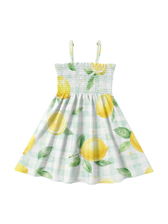 Toddler Girls Spaghetti Strap Sundress, 100% Polyester Summer Casual Dress with Elastic Smocked Top, Soft Breathable Beach Dress for Girls 2T-8T Watercolor Lemon Check Pattern