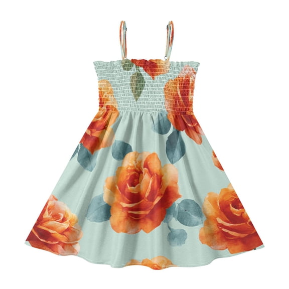 TTYFWHD Toddler Girls Spaghetti Strap Sundress, 100% Polyester Summer Casual Dress with Elastic Smocked Top, Soft Breathable Beach Dress for Girls 2T-8T Yellow-orange Roses Pattern