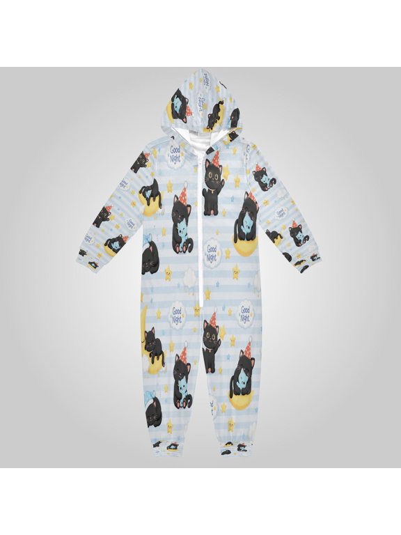 Ultra-Soft Crystal Velvet One-Piece Pajamas/Loungewear Cute Black Cats Good Night