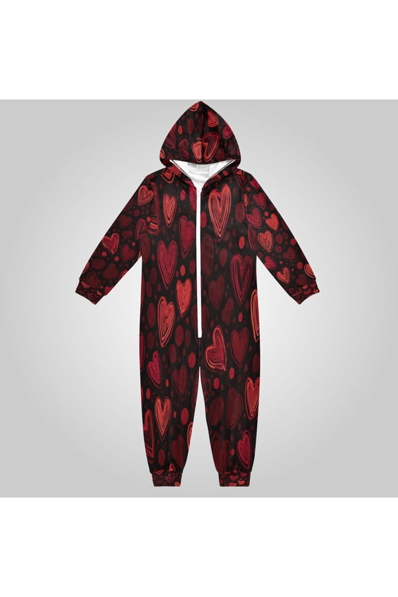 Ultra-Soft Crystal Velvet One-Piece Pajamas/Loungewear Layered Red Hearts Print