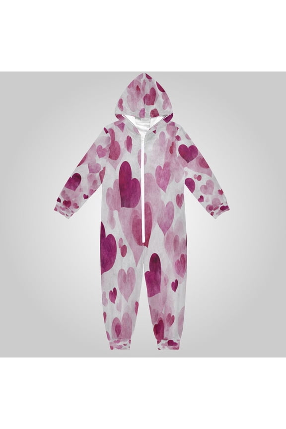 Ultra-Soft Crystal Velvet One-Piece Pajamas/Loungewear Magenta Heart Pattern