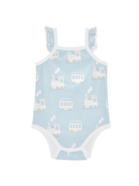 TTYWHD Infant Toddler Baby Girl Romper Blue Cartoon Train Design Ruffle Sleeveless Cotton Summer One Piece Bodysuit 3-24M