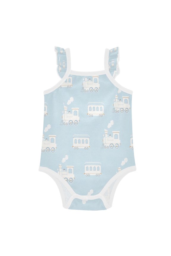 TTYWHD Infant Toddler Baby Girl Romper Blue Cartoon Train Design Ruffle Sleeveless Cotton Summer One Piece Bodysuit 3-24M