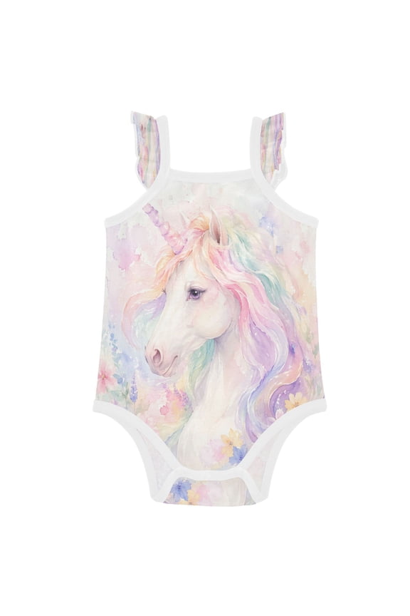 TTYWHD Infant Toddler Baby Girl Romper Cute Rainbow Unicorn Art Ruffle Sleeveless Cotton Summer One Piece Bodysuit 3-24M