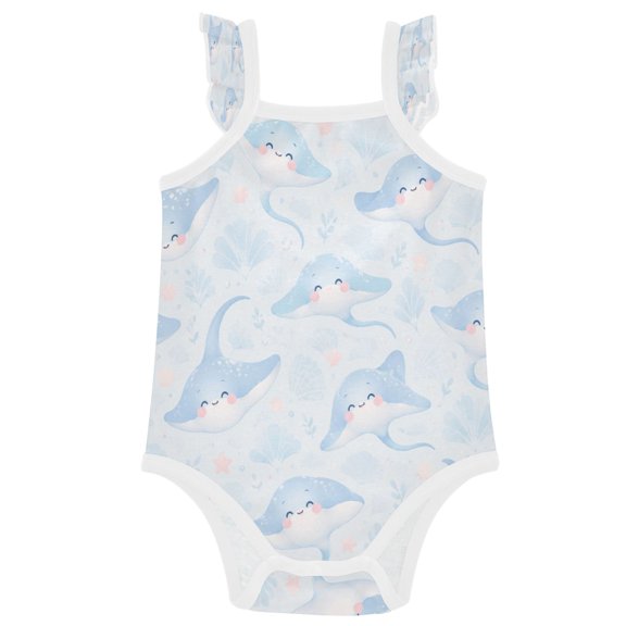TTYWHD Infant Toddler Baby Girl Romper Cute Stingray Pattern Ruffle Sleeveless Cotton Summer One Piece Bodysuit 3-24M