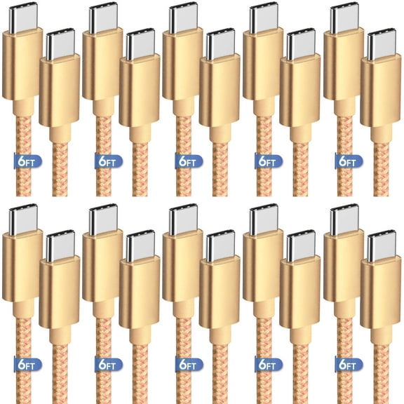 TTech 10 Pack USB-C to USB-C Charging Cable Fast Charger Compatible with iPhone 17, 16, 15 Pro Max Plus, iPad, AirPods, Car Play / Samsung Galaxy S26 S25 S24 Ultra, Universal Type-C (60W, 6ft, Gold)