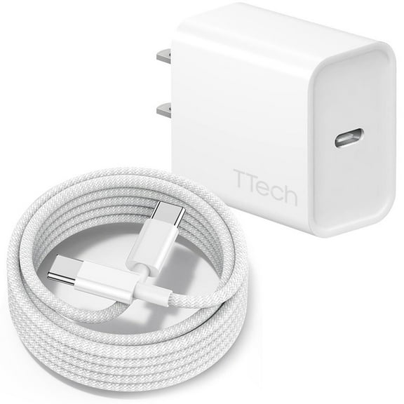 TTech 20W USB-C PD Fast Wall Charger Adapter Plug + Braided 3ft Charging USB Type C Cable Compatible with iPhone 16 / 15 Pro Max Plus models, Samsung Galaxy S24 S23 S22 Ultra Plus