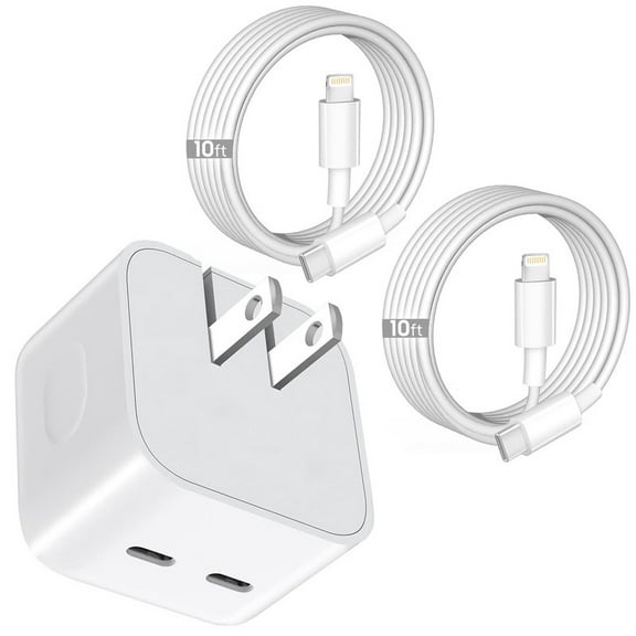 TTech Original 40W PD USB-C Fast Charger Wall Adapter Plug + 2 pack 10ft USB-C Fast Charging Cable Cord Compatible with iPhone 14 / 13 / 12 / 11 Pro Max Mini models / X / XS / XR / 8 / 7 / 6 / 5 /SE