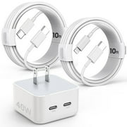 TTech Original 40W PD USB-C Fast Charger Wall Adapter Plug + 2x 10ft USB-C Fast Charging Cable Cord Compatible with iPhone 16 / 15 / 14 / 13 / 12 / 11 Pro Max Mini models / X / XS / XR / 8 / 7 / 6