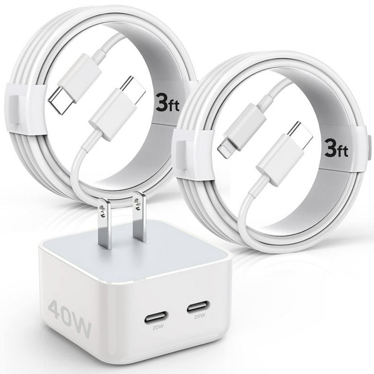 TTech Original 40W PD USB-C Fast Charger Wall Adapter Plug 2x 3ft USB-C  Fast Charging Cable Cord Compatible with iPhone 16 15 14 13 12 11 