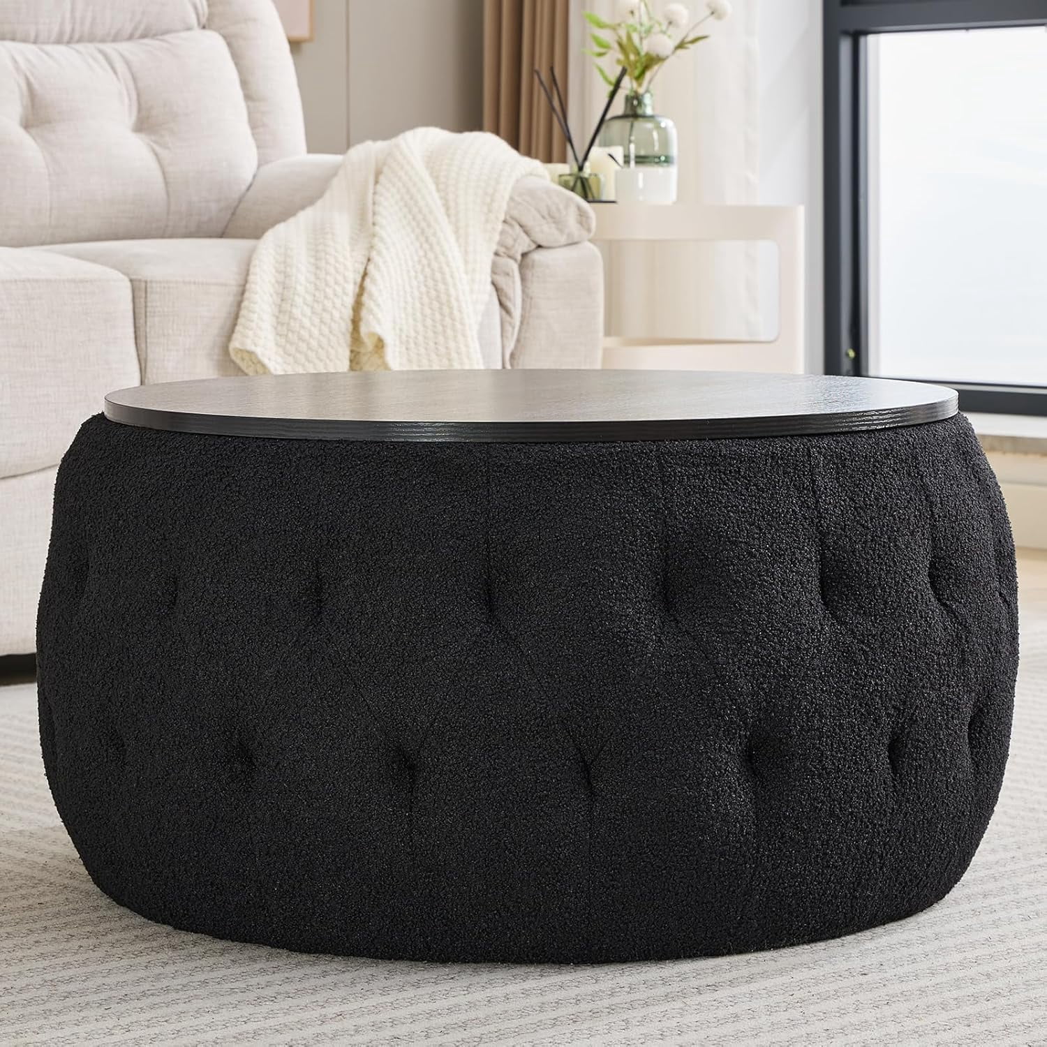 TTeddy Fabric Round Ottoman with Storage, Tufted Circle Ottoman Footrest Stool Bench Coffee ...