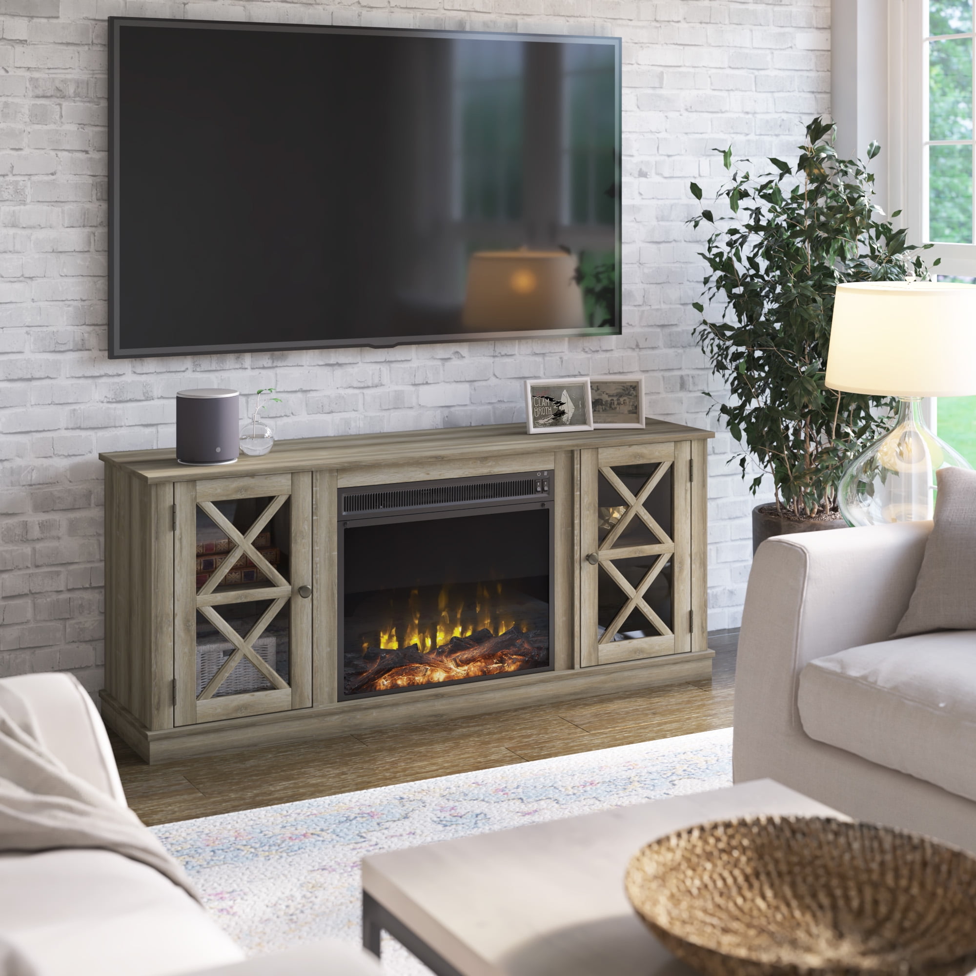 TTwin Star Home Farmhouse ClassicFlame Fireplace TV Stand for TVs up to 65", West Point Pine