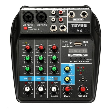 TU04 BT Sound Mixing Console Record 48V Phantom Power Monitor AUX Paths Plus Effects 4 Channels Audio Mixer with USB
