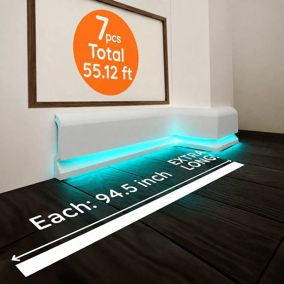 TUALCA 7-Piece 94.5″ (55.12 ft) LED Baseboard Molding with Duct Kit for Seamless Ambient Home Accent Lighting | Waterproof Channel for Easy LED Strip Installation (Baseboard MOLDING with LED Duct)