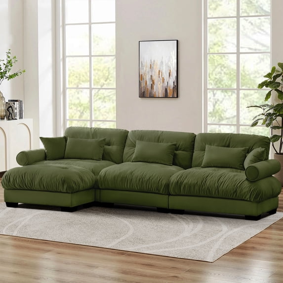 TUANLUO 130" Oversized Sectional Couch for Living Room, U-Shape Modular Sectional Sofa with Ottoman, Velvet 3-Seater Sofa Tufted Couch with Round Armrests, Olive Green