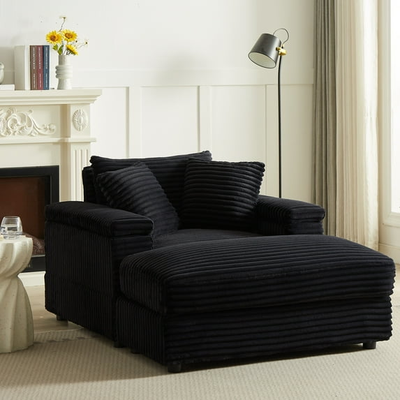 TUANLUO 44" Single Chaise Lounge Indoor, Oversized Corduroy Lounge Chair with Ottoman, Deep Seat Single Recliner Chair with Pillows, Soild Wood Sofa Couch for Living Room, Black