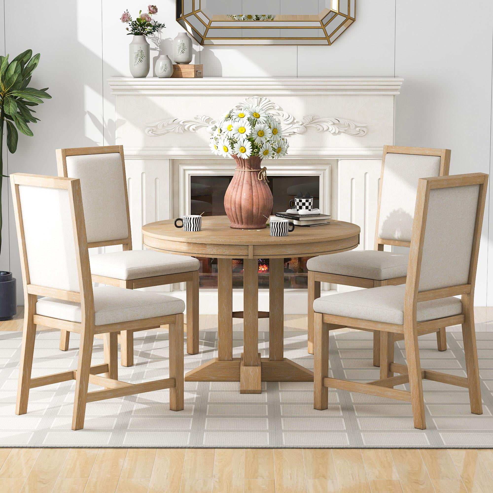 TUANLUO 5 Piece Round Dining Table Set, Dining Room Set with Extendable ...