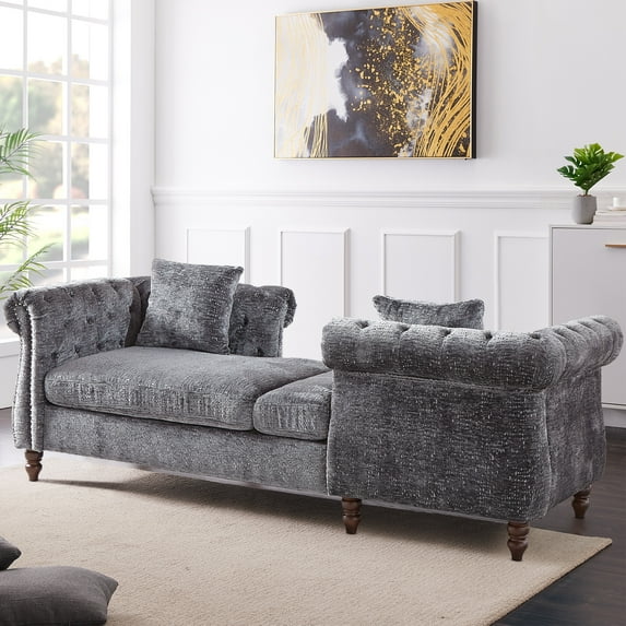 TUANLUO 81" Chesterfield Chaise Lounge Indoor, Chenille Face-to-face Tufted Lounge Chair with Rolled Arms and Nailhead Trim for Living Room Office, Gray