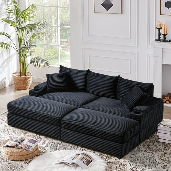 TUANLUO 87" Chaise Lounge Indoor, Oversized 3-Seater Lounge Chair with Ottoman and Cup Holders, Deep Seat Recliner Chair with Pillows, Soild Wood Sectional Sofa and Couch for Living Room, Black