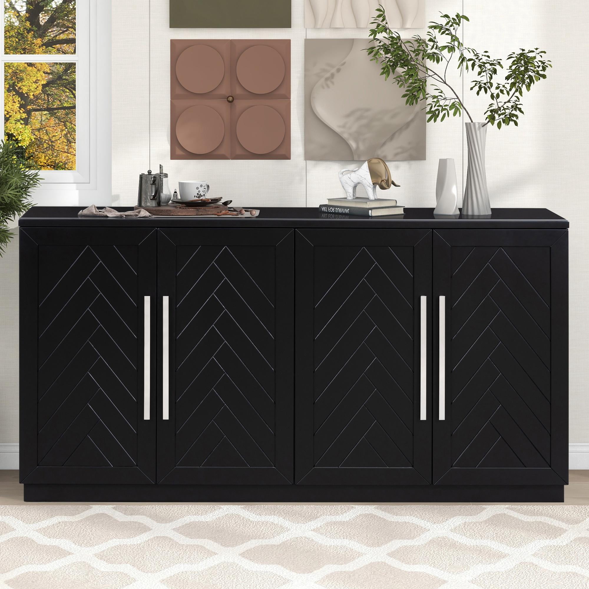 TUANLUO Black Buffet Sideboard Cabinet, Accent Cabinet with 4 Doors ...