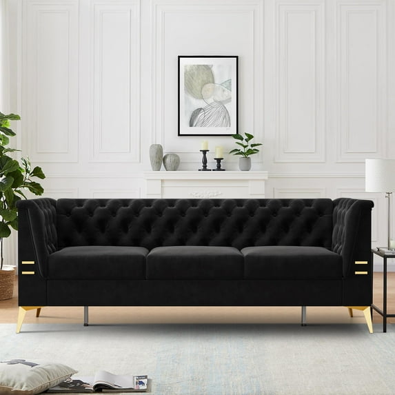 TUANLUO Couches and Sofas, Velvet Upholstered Sofa, 3-Seat Sofa with Gold Metal Legs, Modern Sofa Couch Furniture, Velvet Sofa for Living Room Bedroom, 82.68"L x 30.51"W x 30.9"H, Black