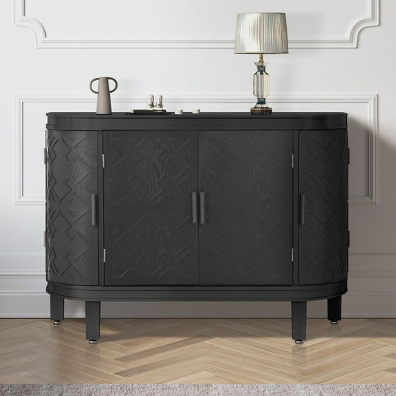 TUANLUO Curved Accent Cabinet, Corner Sideboard Cabinet, Wood Buffet Cabinet with Antique Pattern Doors, Retro Buffet Sideboard, Storage Cabinet for Hallway Entryway Dining Room Living Room, Black