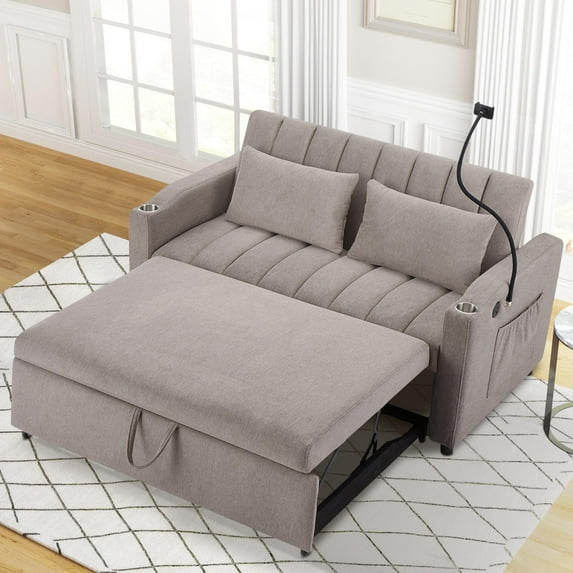 TUANLUO Loveseat with Pull-Out Sofa Bed, Convertible Sofa Bed with 2 Pillows, Futon Sofa Bed with 3 USB Ports and 360° Swivel Phone Holder, Sofa Bed Sleeper for Home Living Room Bedroom, Light Gray