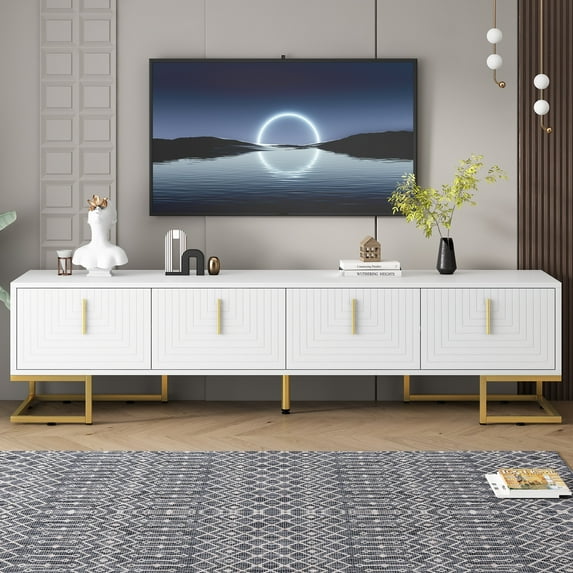 TUANLUO Television Stand with 4 Doors, TV Console for 80" TVs, TV Cabinet with Adjustable Metal Legs and Shelves, Modern Entertainment Center, TV Stand Furniture for Living Room Bedroom, White