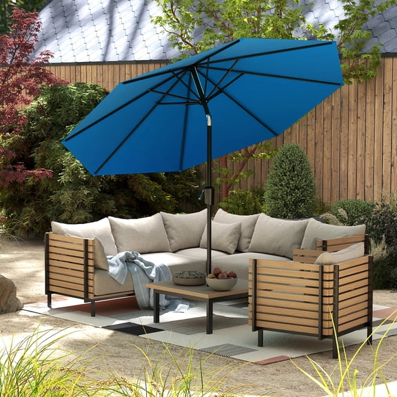TUAREX 10ft Patio Umbrella with Push Button Tilt and Crank, Outdoor Market Umbrella with 8 Sturdy Ribs, for Garden Deck Backyard Pool, Blue