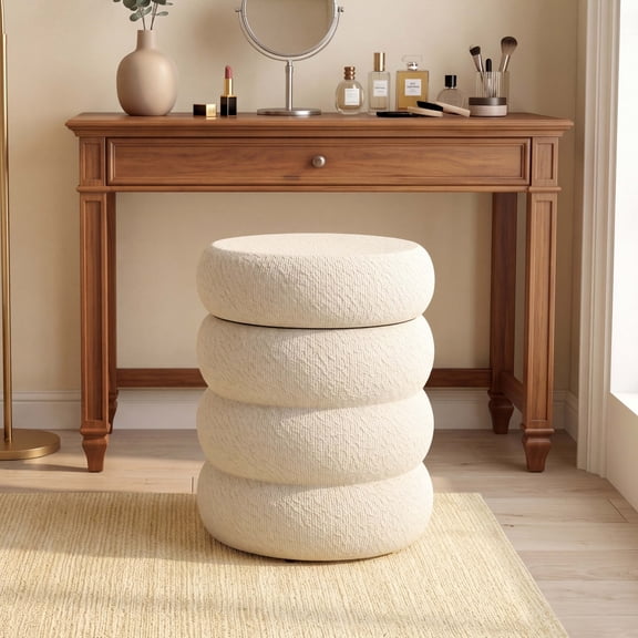 TUAREX 18.5" Wide Modern Round Boucle Ottoman, 330 LBS Capacity No Assembly Required, Storage Footrest for Toys and Small Items, Upholstered Side Table for Living Room, White