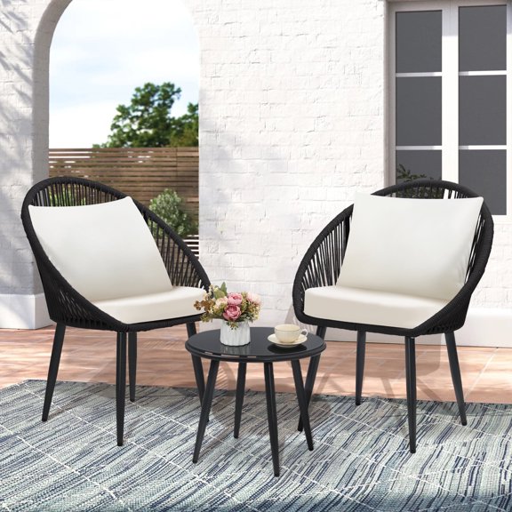 TUAREX 3 Piece All-Weather Bistro Set, Woven Rope Chairs with Cushions and Side Table, Patio Conversation Furniture, Perfect for Deck, Balcony, Poolside, Black