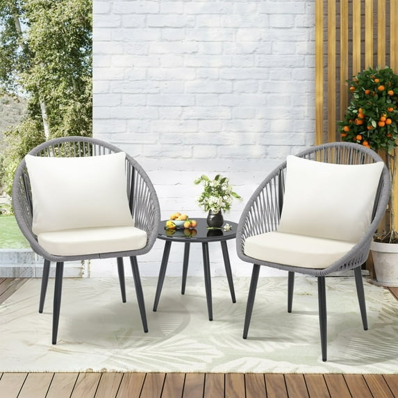 TUAREX 3 Piece All-Weather Bistro Set, Woven Rope Chairs with Cushions and Side Table, Patio Conversation Furniture, Perfect for Deck, Balcony, Poolside, Gray