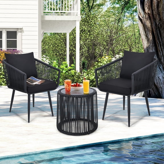 TUAREX 3 Piece Wicker Patio Bistro Set, Outdoor All-Weather Rattan Conversation Set with 2 Chairs and Glass Table for Balcony, Porch, Backyard, Black