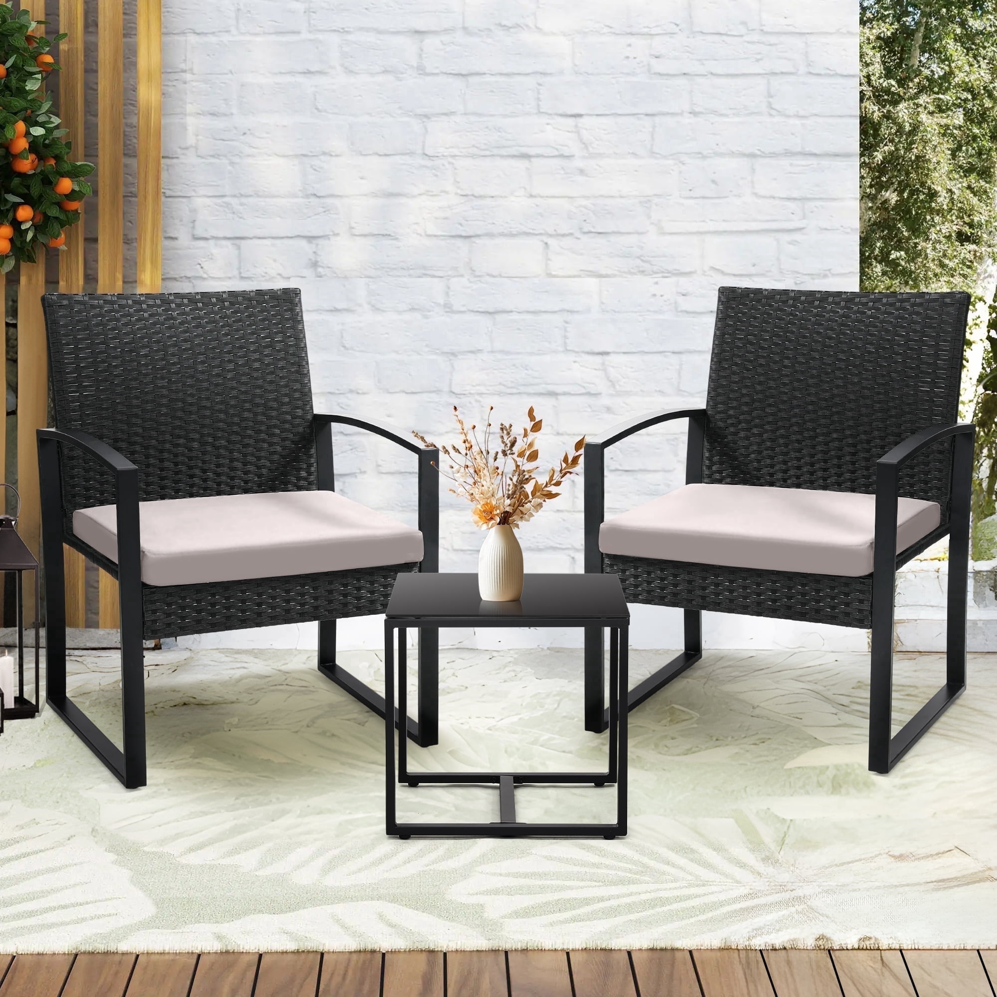 TUAREX 3-Piece Rattan Patio Furniture Set, All-Weather Wicker Bistro Set with Coffee Table and Cushioned Chairs for Garden, Yard, Balcony, Grey