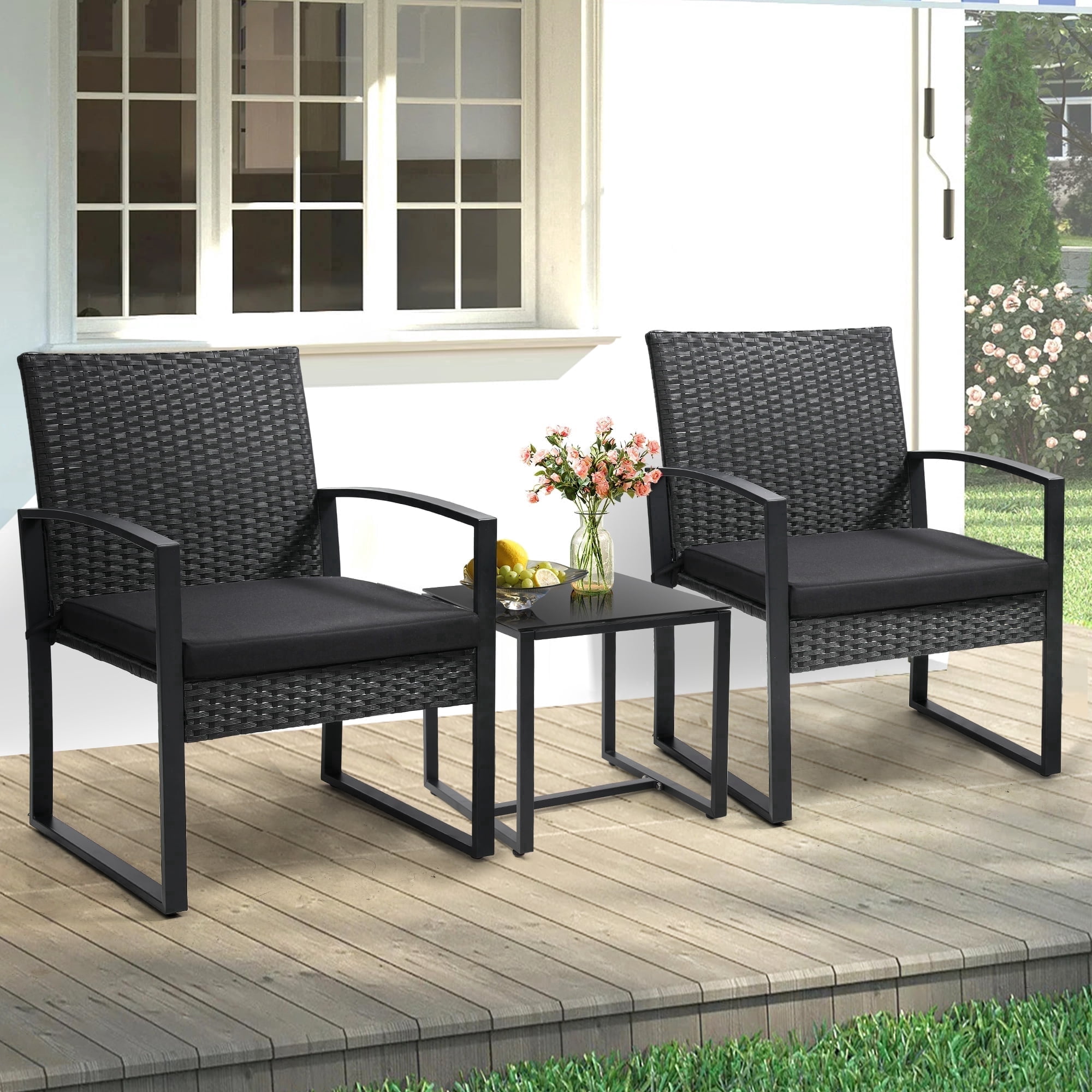TUAREX 3-Piece Rattan Patio Furniture Set, All-Weather Wicker Bistro Set with Coffee Table and Cushioned Chairs for Garden, Yard, Balcony, Black