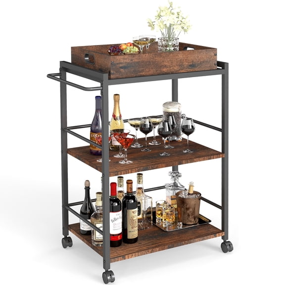 TUAREX 3-Tier Kitchen Cart with Removable Tray, Rolling Bar Serving Cart with Storage, Utility Rolling Organizer for Small Spaces, 15.7 x 28.3 x 33.9 Inches, Dark Brown