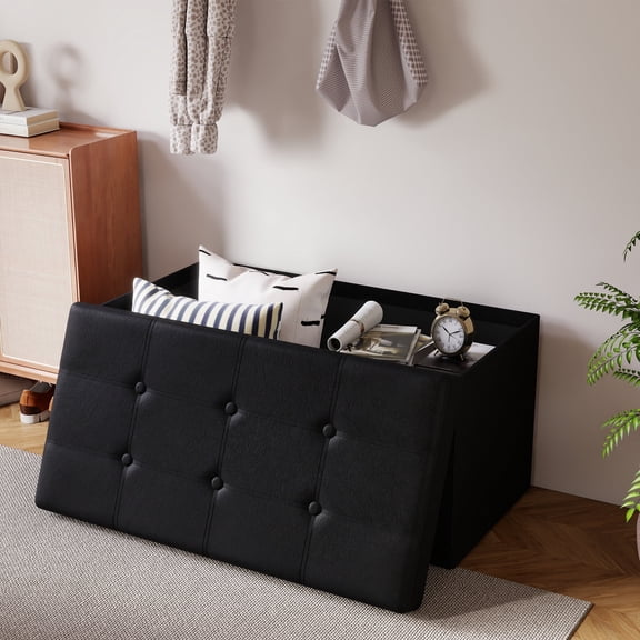 TUAREX 31.5 Inches Ottoman with Storage, Folding Storage Ottoman Bench for Living Room and Bedroom, End of Bed Foot Rest Stools with Padded Seat, Load 660 lb, Synthetic Leather, Black