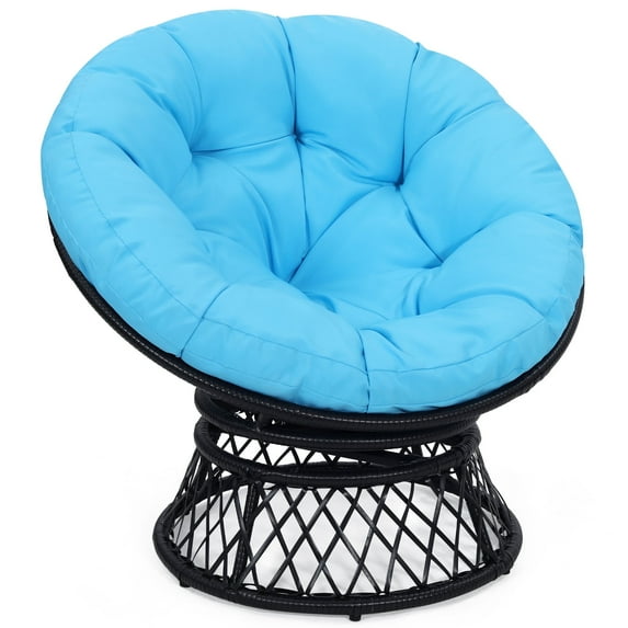TUAREX 37" Rattan Papasan Chair, 360° Swivel Base with Thick Comfort Cushion, Indoor Outdoor Wicker Circle Chair for Teens, Kids,Black Rattan with Blue Cushion