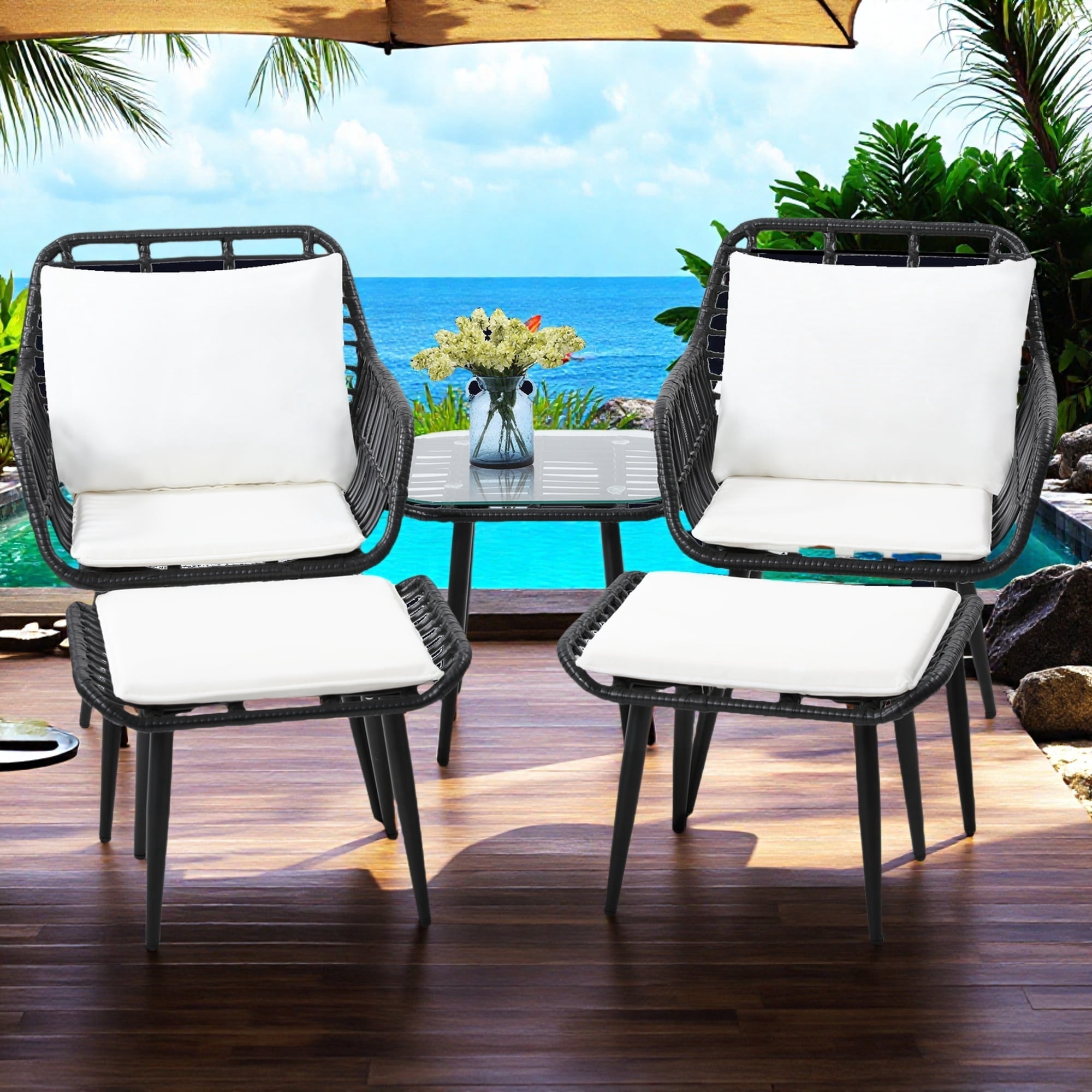 TUAREX 5 Piece Wicker Bistro Patio Set, Rattan Chairs with Ottomans ...
