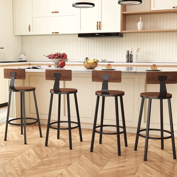 TUAREX Bar Stools Set of 4, Counter Height 30" with Backrest, Barstools Chairs with 360 Footrest, Steel Frame with Wood Seat and Back, for Dining Kitchen Island, Walnut