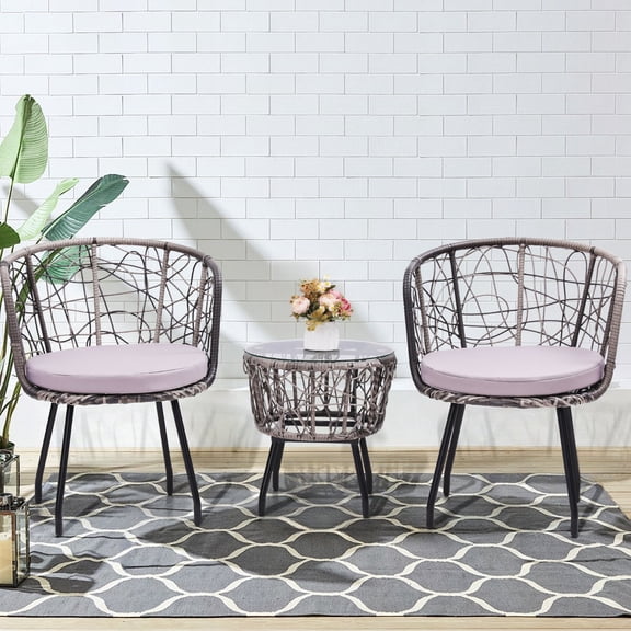 TUAREX Boho 3 Piece Patio Bistro Set, Modern Wicker Outdoor Dining Set with 2 Chairs and Tempered Glass Table, Waterproof Washable Cushions, Gray Cushions