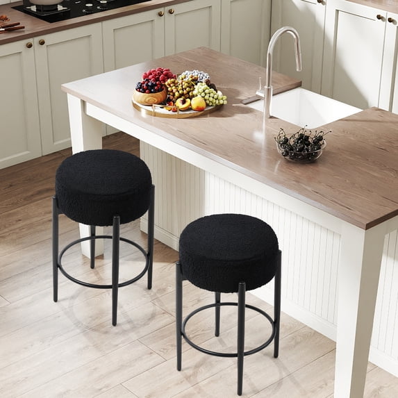TUAREX Counter Height Bar Stools, Set of 2, 24" Modern Backless Round Bar Stools, Boucle Sherpa Padded Cover, for Kitchen Island, Black