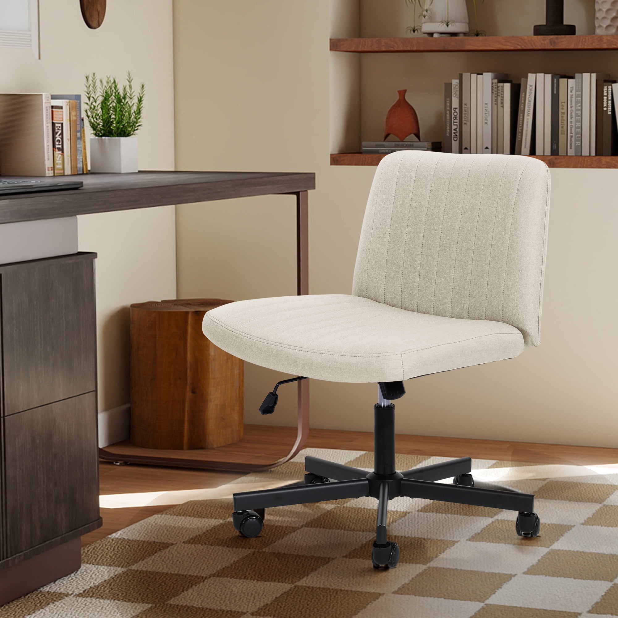 TUAREX Criss Cross Rolling Chair, Wide Seat Armless Office Chair with Wheels, Plus Size Comfort for Desk, Vanity or Bedroom, Beige