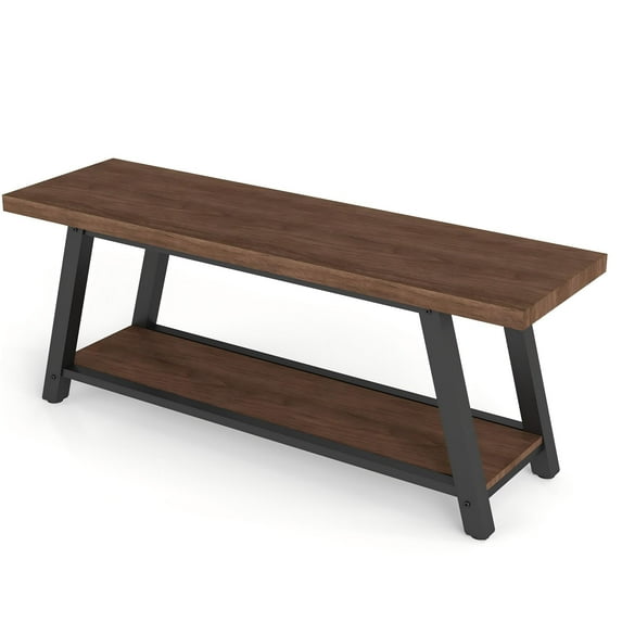 TUAREX Long Wood Bench, 43" Modern Farmhouse Entryway Bench, Wood End of BedBench, with Storage Shelf, Indoor Entry Way Shoe Benches Seat, Walnut