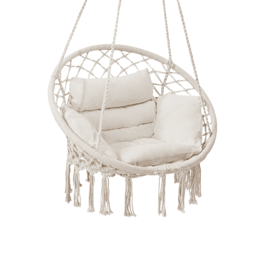 TUAREX Macrame Hammock Hanging Swinging Chair with Comfortable Cushion, Boho Swing Chair for Indoor & Outdoor Use, Perfect for Bedroom, Balcony, Porch, or Garden, Beige