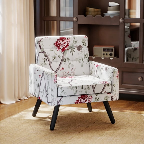 TUAREX Mid-Century Modern Living Room Accent Chair, Comfy Upholstered Reading Armchair for Bedroom, Single Sofa Chair with Metal Legs, Red Floral