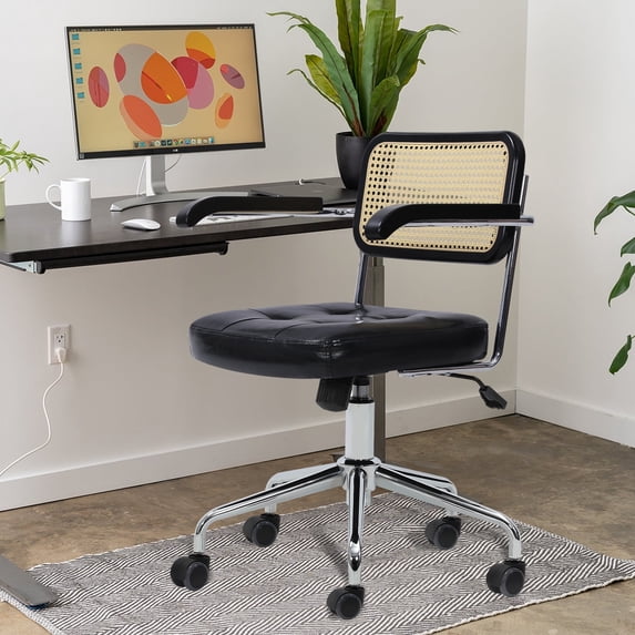 TUAREX Modern Rattan Desk Chair, 360° Swivel Vanity Chair, Adjustable Height with Wheels, PU Leather Seat & Armrests, Mid-Century Style, Black