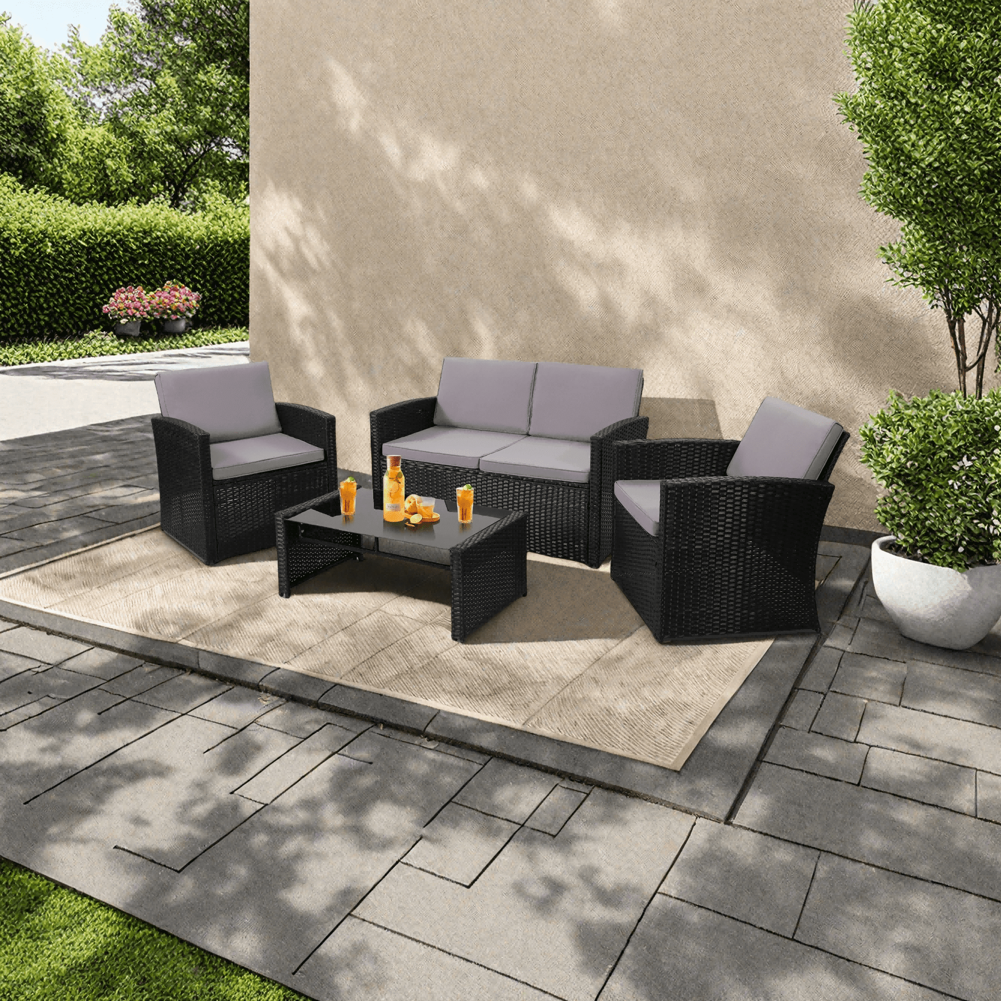 TUAREX Outdoor 4 Piece Wicker Patio Furniture Set, Waterproof Rattan Sectional Sofa with Thick Cushions, Perfect for Patio, Garden, Porch & Backyard, Black Rattan and Light Grey Cushion