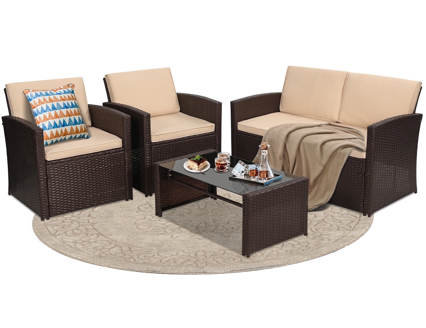 TUAREX Outdoor 4 Piece Wicker Patio Furniture Set, Waterproof Rattan Sectional Sofa with Thick Cushions, Perfect for Patio, Garden, Porch & Backyard, Brown Rattan and Beige Cushion
